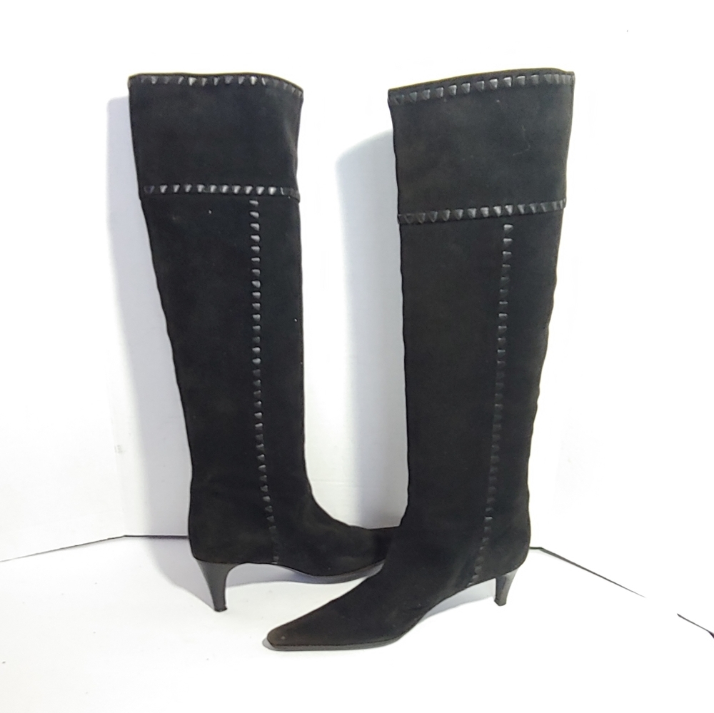 Bottega Veneta black suede knee high heeled boots